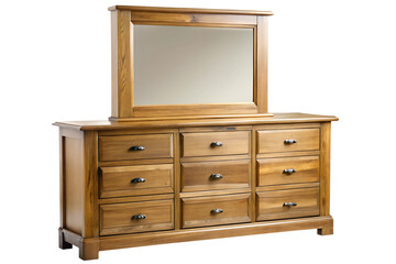 Elegant oak wooden dresser with mirror and multiple drawers, isolated on a transparent or white background.