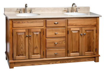 Stylish oak wooden bathroom vanity with double sinks, isolated on a transparent or white background.