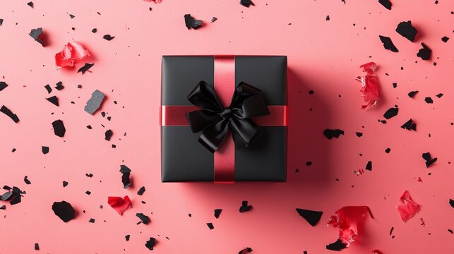 Chic black gift box on a pink background scattered with confetti, ideal for Black Friday and Cyber Monday special offers.