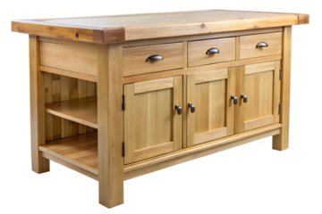 Simple and elegant oak wooden kitchen island with storage, isolated on a transparent or white background.