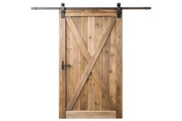 Stylish oak wooden barn door with rustic design, isolated on a transparent or white background.