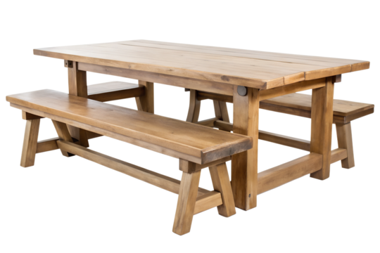 Oak wooden dining table set with benches, isolated on a transparent or white background.