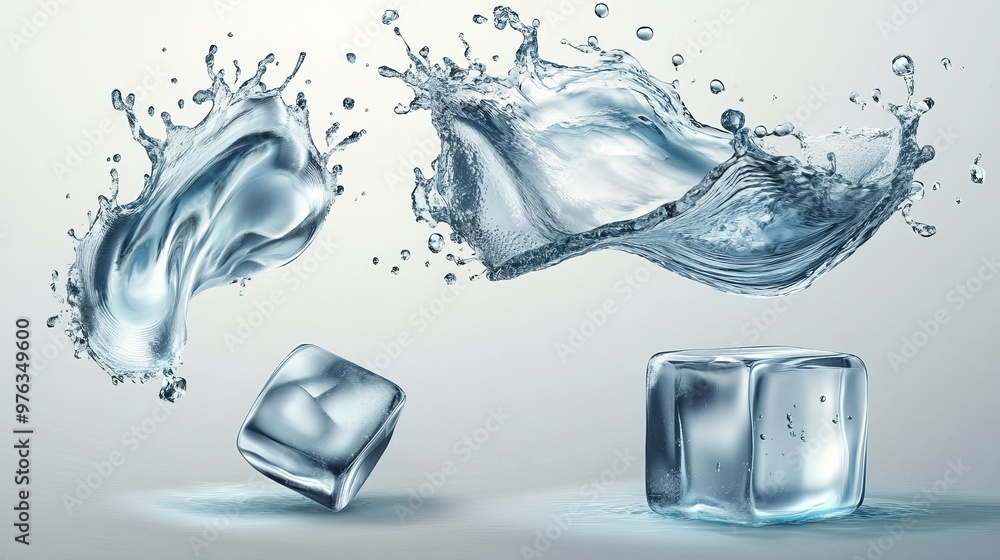 Poster 3d vector of a water swirl splash with an ice cube and splatters capturing dynamic movement energy a