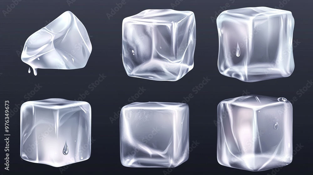 Poster 3d vector of realistic ice cubes for cocktails showing a collection of frozen transparent glass bloc