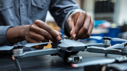 Close-up on a black person repairing a drone: Hands working on aerial equipment with tools against a backdrop of technology and wireless components. 