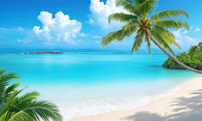 Summer tropical beach with white sand, turquoise water and palm trees