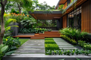 Fototapeta premium Serene Modern Garden with Lush Greenery and Elegant Pathways