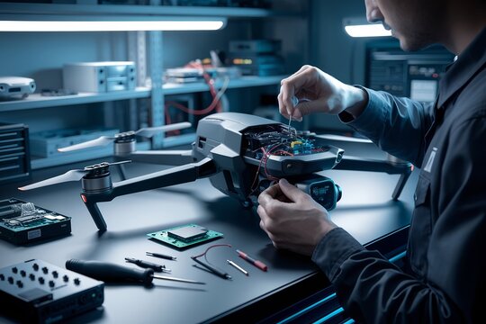 Close-up on drone repair. Technician working on disassembled components with precision tools. Modern technology and electronics being serviced to ensure optimal flight performance and functionality