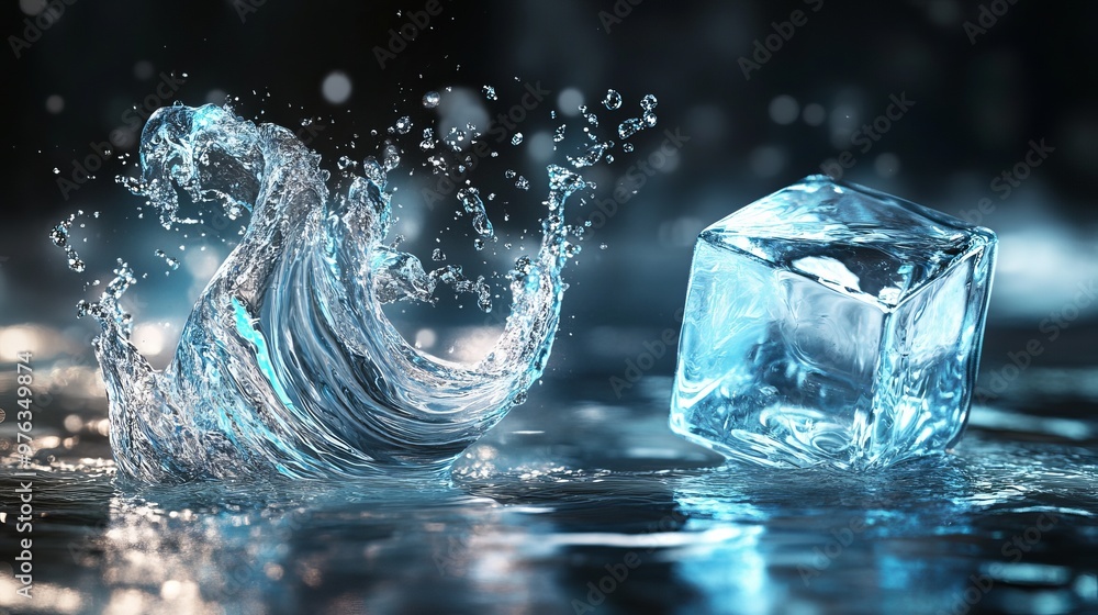 Poster 3d vector of a water swirl splash with an ice cube and splatters capturing dynamic movement energy a
