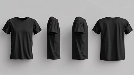 Black man's T-shirt with short sleeves with rear and side view on a gray background