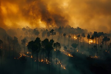 Obraz premium Devastating Forest Fire Engulfs Landscape in Fiery Hues