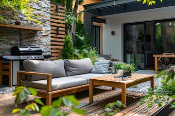Cozy Outdoor Living Space with Modern Furniture and Lush Greenery