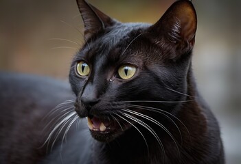 A sleek, black cat with striking yellow eyes is standing on a stone ledge