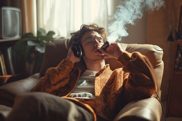 Young man relaxes on a cozy sofa while listening to music and vaping indoors during a warm afternoon