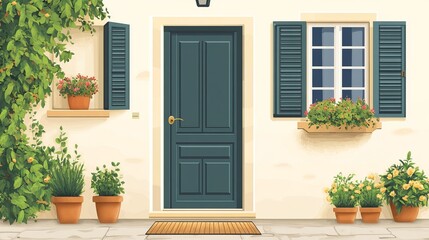 Flat vector illustration of a house exterior featuring a front door a window with closed shutters a doormat and potted plants Depicts the facade of a dwelling building