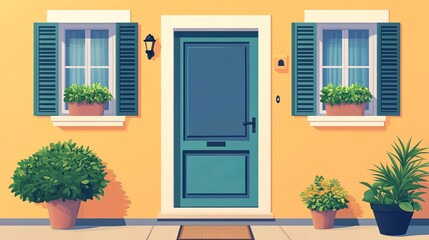 Fototapeta premium Flat vector illustration of a house exterior featuring a front door a window with closed shutters a doormat and potted plants Depicts the facade of a dwelling building
