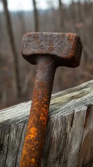 Old rusty hammer head on wooden surface in forest