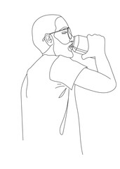 Man drink the beer front side continuous line vector illustration. Hand drawn outline of the young thirsty male who's drinking from metal can.