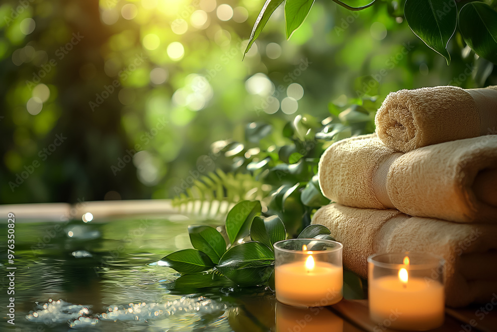Poster soft towels are neatly stacked beside flickering candles, creating a calming atmosphere near a seren