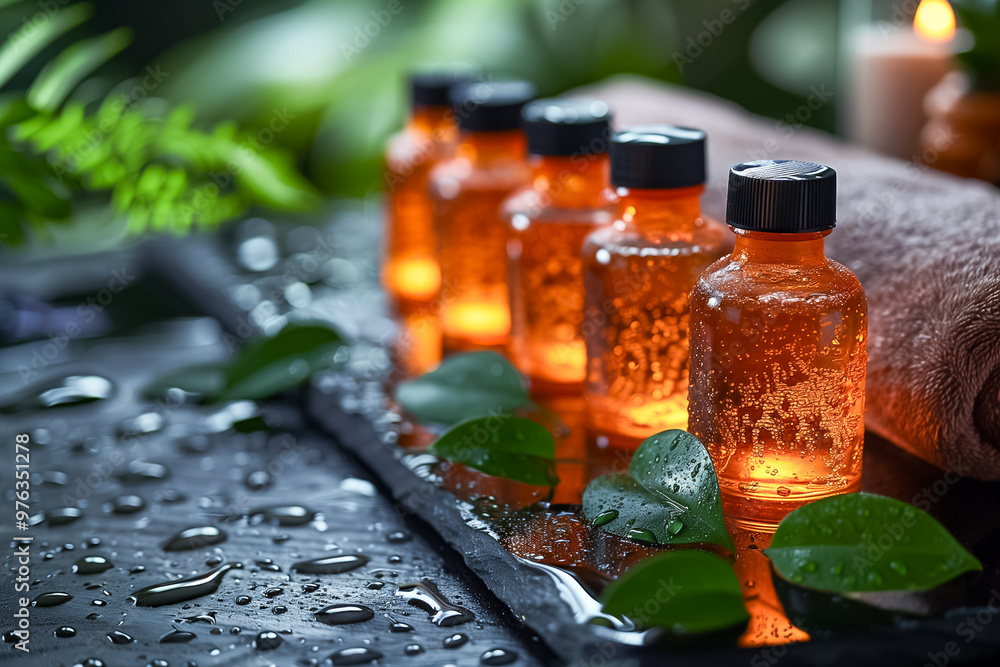 Poster glowing bottles of essential oils sit on a dark stone surface, reflecting soft light while surrounde