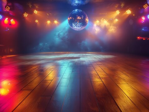 Empty Dance Floor with Disco Ball and Vibrant Colorful Lights, mockup dance floor night club 