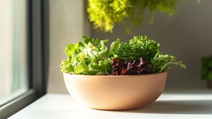 Fototapeta premium A fresh organic vegetable salad with vibrant greens, tomatoes, and cucumbers on a rustic plate