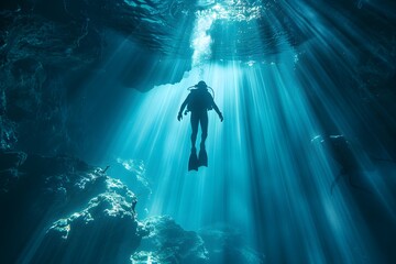 Ethereal Underwater Scene with Diver Illuminated by Sunlight Rays