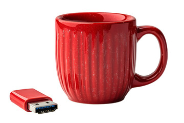 a red mug and usb drive.