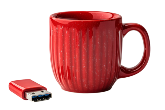 a red mug and usb drive. 