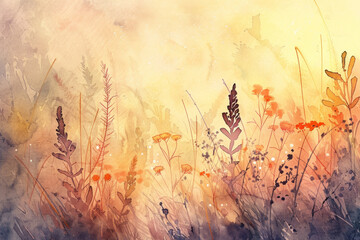 Field of wildflowers and grasses in soft, warm light with a dreamy, watercolor atmosphere