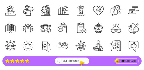 Miss you, Info and Petrol station line icons for web app. Pack of House security, Verification document, Sunglasses pictogram icons. Pasta, Dao, Enterprise signs. Fluorine mineral. Search bar. Vector