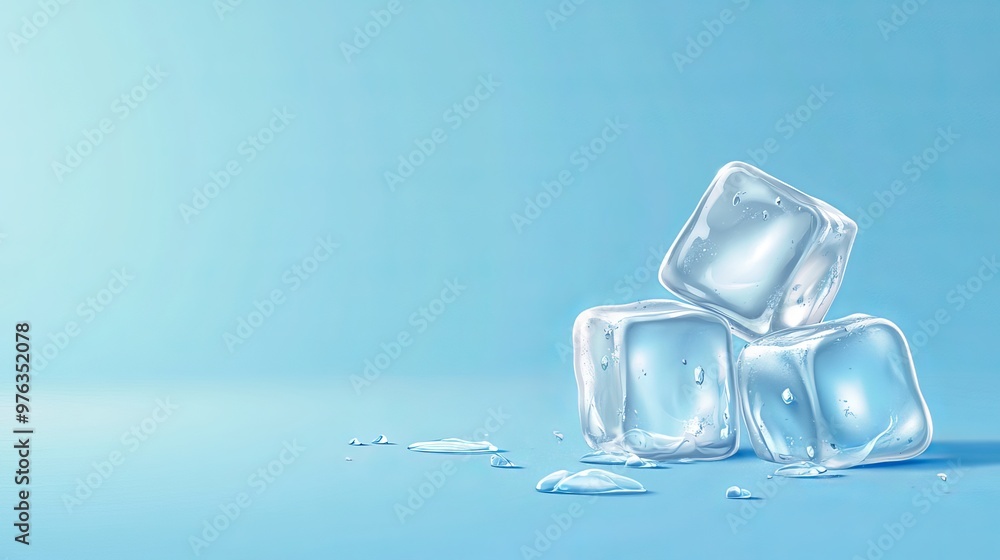 Poster realistic 3d vector illustration of ice cubes set against a blue background presented in a horizonta