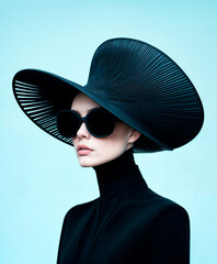 Elegant futuristic fashion portrait of a woman in an oversized black hat and sunglasses, set against a light blue background. .