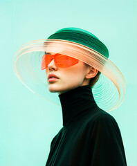Futuristic fashion portrait of a woman wearing a modern, wide-brimmed hat and bold orange sunglasses against a minimalist mint green background. .