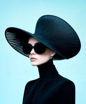 Elegant futuristic fashion portrait of a woman in an oversized black hat and sunglasses, set against a light blue background. .
