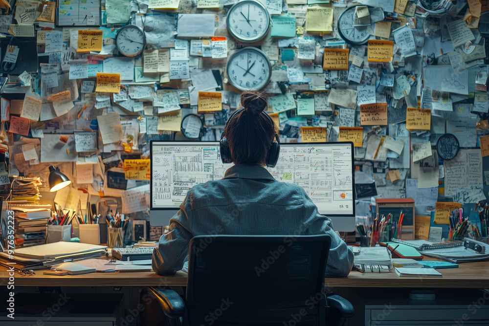 Poster a person managing multiple tasks at a workstation, demonstrating time management skills. concept of 