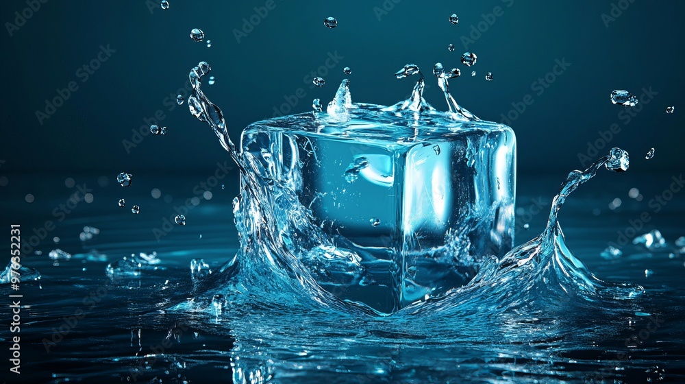 Poster realistic 3d vector of an ice cube with a water splash showcasing a detailed aqua stream and frozen 