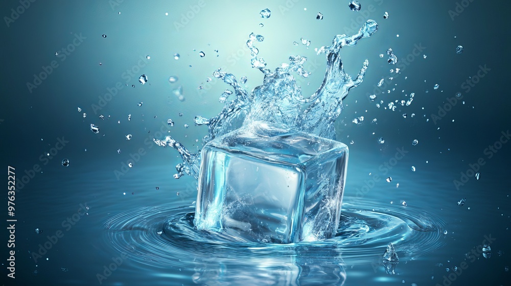 Poster realistic 3d vector of an ice cube with a water splash showcasing a detailed aqua stream and frozen 
