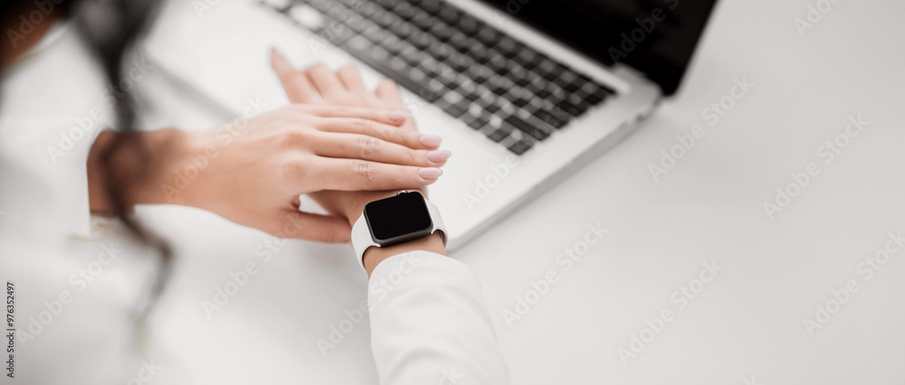 Poster Checking Time. Close up shot of a businesswoman's hand that uses a smart watch to view incoming messages, mock up