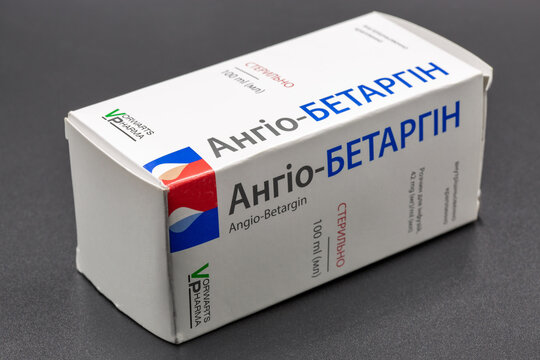Vorwarts Pharma Angio-Betargin solution for injections drug closeup on black.