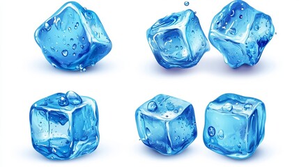 Obraz premium Realistic blue ice cubes with water droplets on a white background presented in a vector illustration