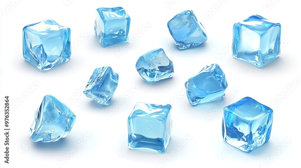 Poster realistic set of ice cubes in a 3d vector illustration featuring a blue ice collection isolated on a