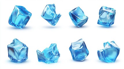 Fototapeta premium Realistic set of ice cubes in a 3D vector illustration featuring a blue ice collection isolated on a white background