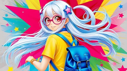 Colorful anime-style illustration of a girl with long blue hair, star clips, and red eyes. Ideal for bright and whimsical design projects or decorations.