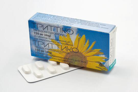 Angelini Trittico trazodone antidepressant, anxiolytic drug closeup on white.