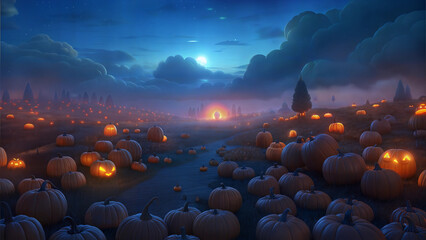 Spooky pumpkin field, illuminated by glowing jack-o'-lanterns, during a serene twilight atmosphere