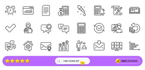 Calculator alarm, Video conference and Time management line icons for web app. Pack of Education, Finance calculator, Cyber attack pictogram icons. Algorithm, Website statistics, Info signs. Vector