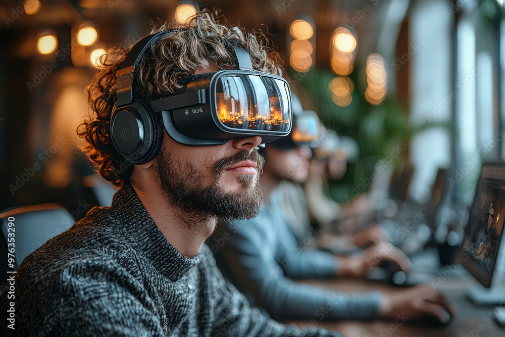 Poster an office environment in virtual reality, where professionals collaborate on digital workspaces and 