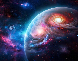 Obraz premium Breathtaking cosmic vista filled with galaxies, nebulae in vibrant colors and stars twinkling in the vastness of space.