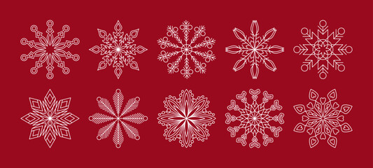 Snowflakes icon set. Snow symbol white silhouettes. Winter holiday decorative elements for christmas greeting card, banner, poster, wrapping paper, website. Flat snowflake icons vector illustrations.
